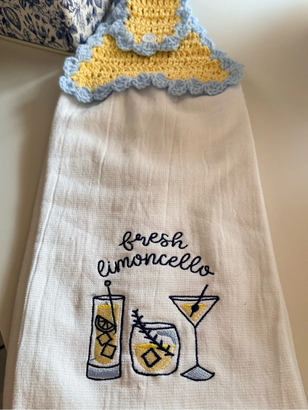 Handmade Yellow & Blue Crochet Top Kitchen Towel - Fresh Limoncello